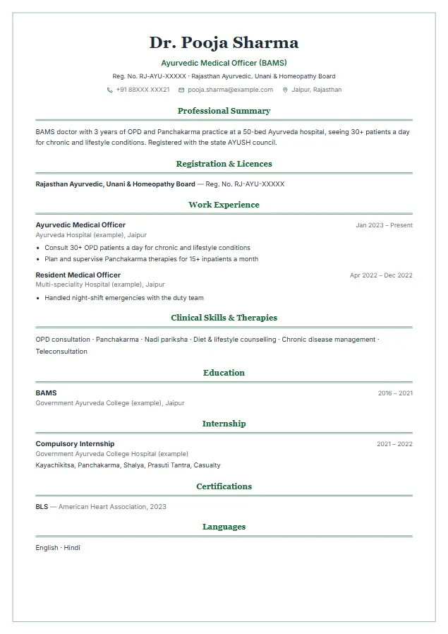 AYUSH Doctor (BAMS / BHMS) resume format template, Framed design