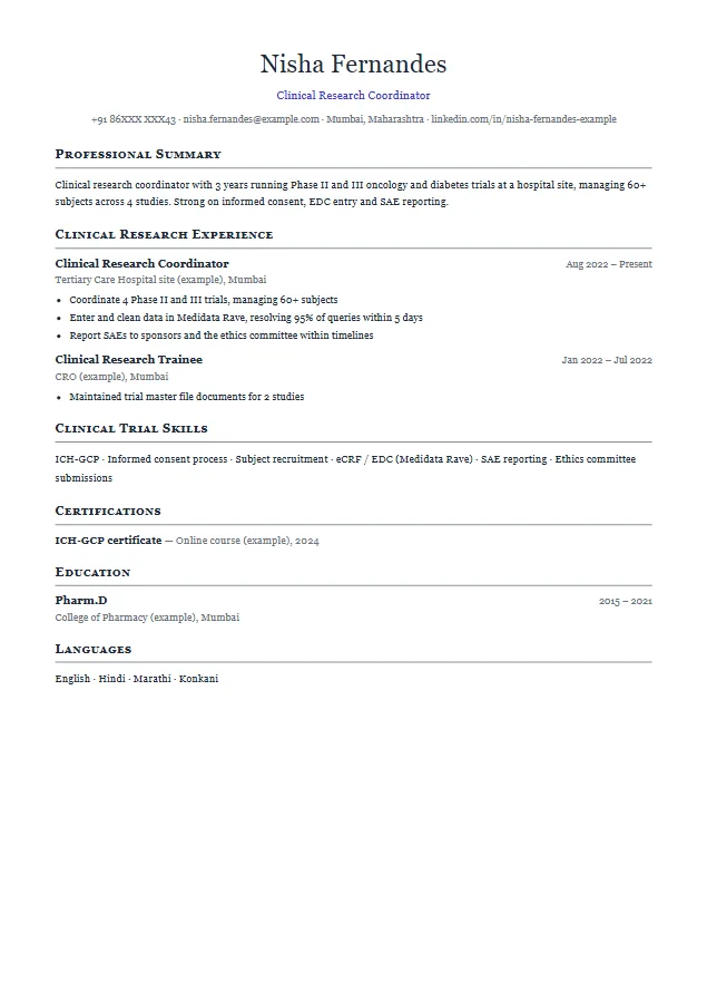 Clinical Research Associate / Coordinator resume format template, Academic CV design