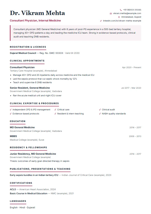 Consultant / Specialist Doctor (MD / MS / DNB) resume format template, Leadership design