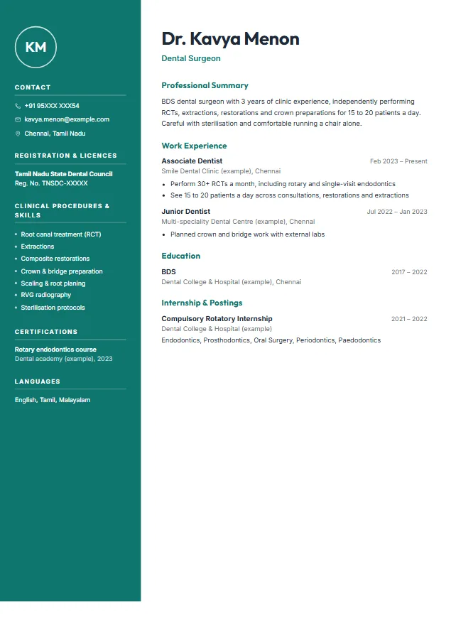 Dentist (BDS / MDS) resume format template, Dark Sidebar design