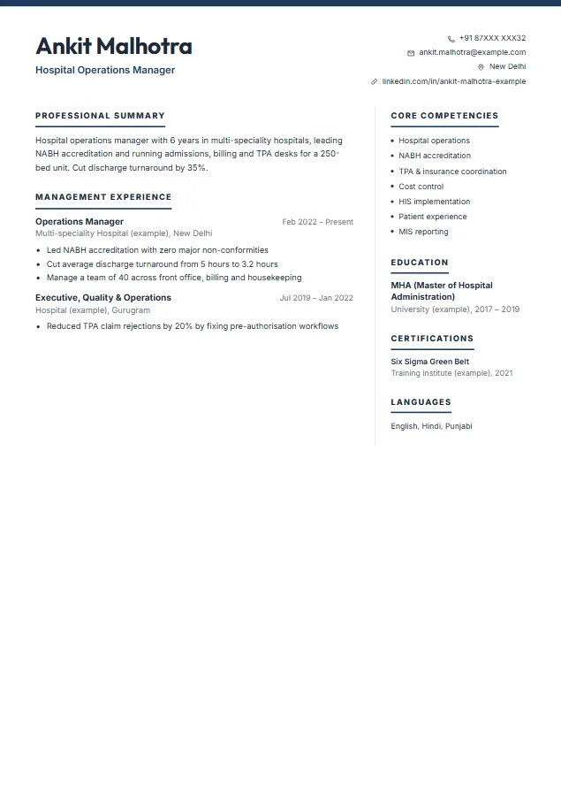 Hospital Administrator (MHA / MBA-HA) resume format template, Executive design