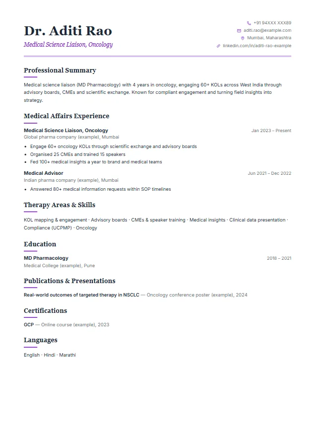 Medical Affairs / Medical Science Liaison (MSL) resume format template, Elegant design