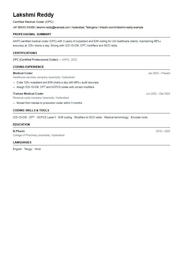 Medical Coder / Medical Billing resume format template, Plain ATS design