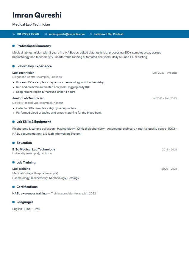 Medical Lab Technician (DMLT / BMLT) resume format template, Contact Strip design