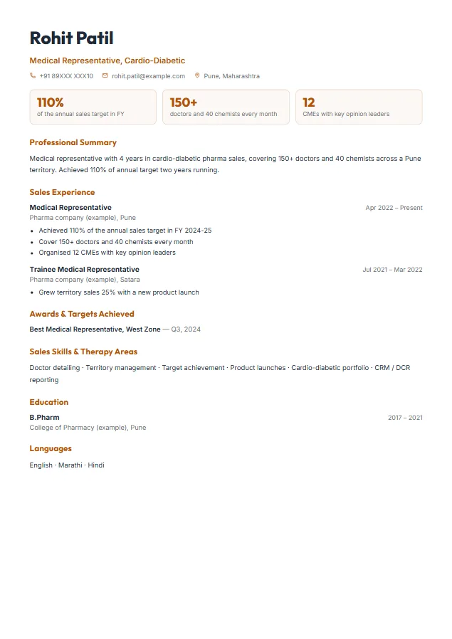 Medical Representative (Pharma Sales) resume format template, Achievement design