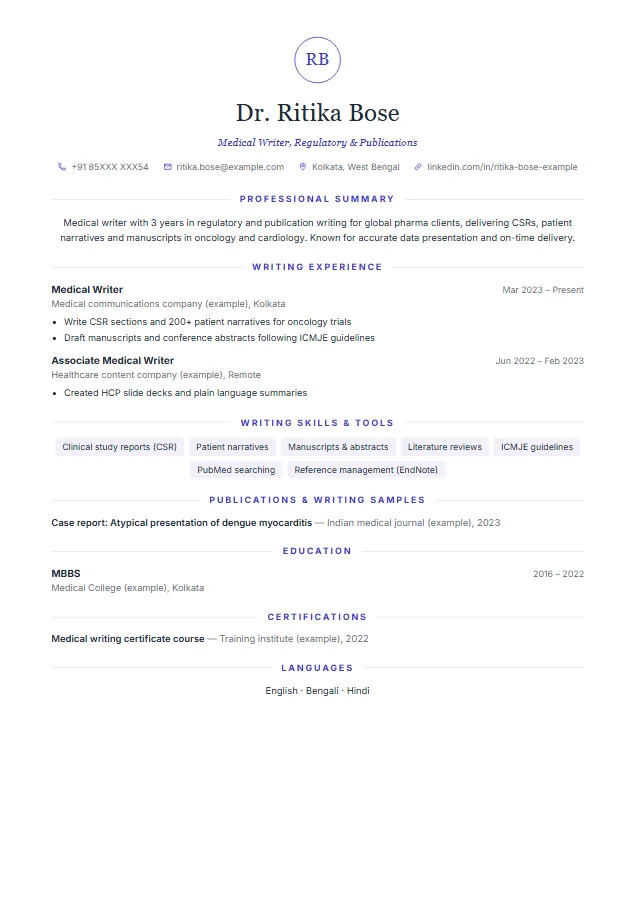 Medical Writer resume format template, Monogram design