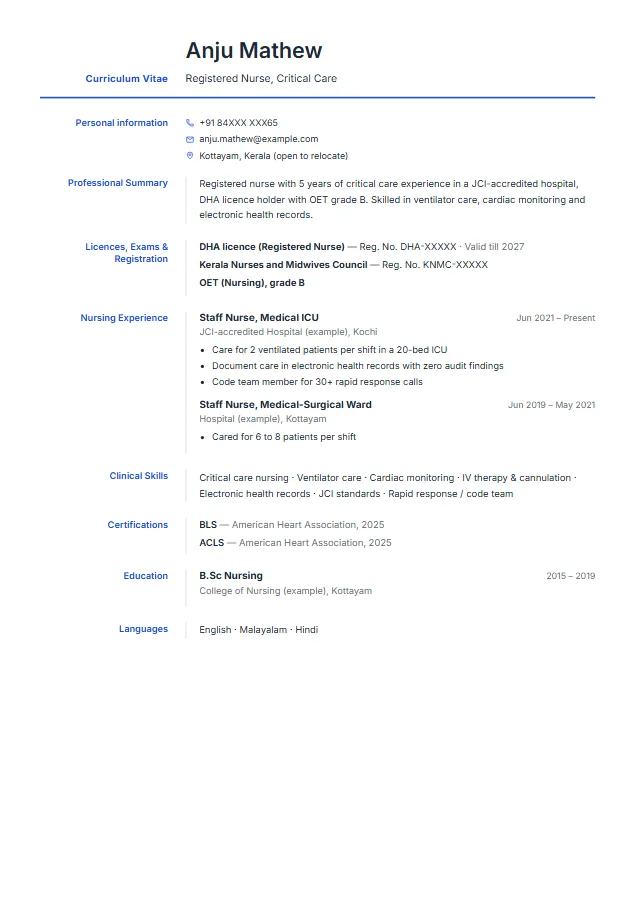 Nurse for Jobs Abroad (Gulf / UK / Australia) resume format template, Europass design