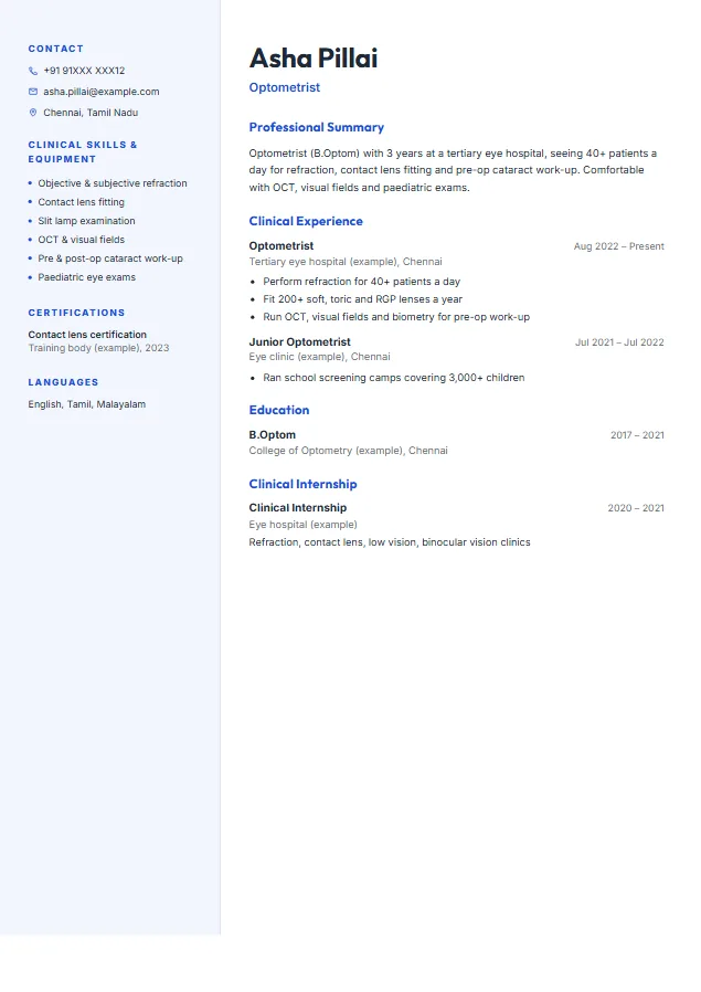 Optometrist (B.Optom / M.Optom) resume format template, Modern Sidebar design