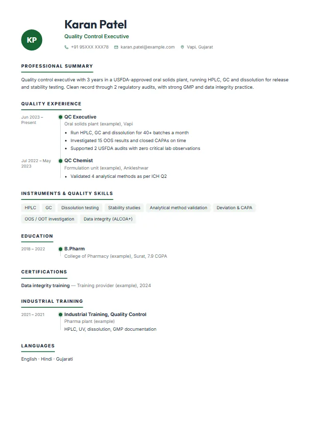 Pharma Quality (QA / QC) resume format template, Timeline design