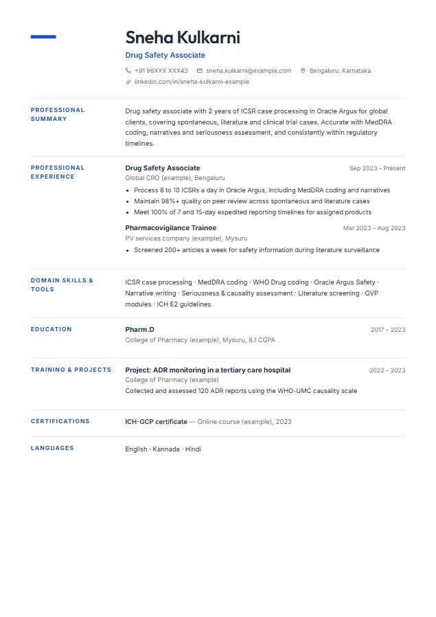 Pharmacovigilance / Clinical Research resume format template, Swiss Grid design