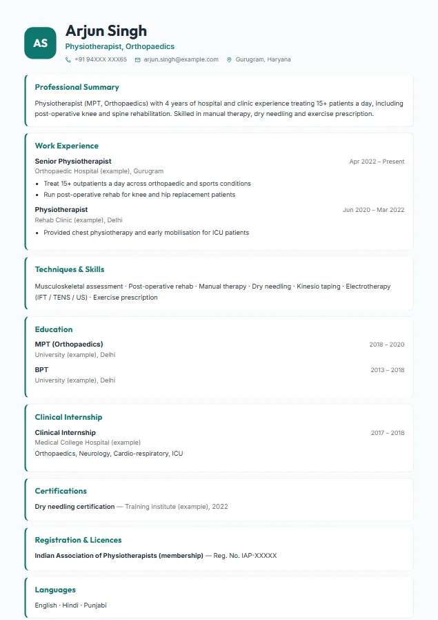 Physiotherapist (BPT / MPT) resume format template, Cards design