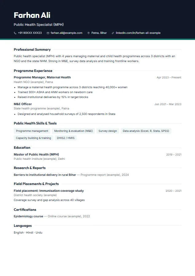 Public Health Professional (MPH) resume format template, Headline design