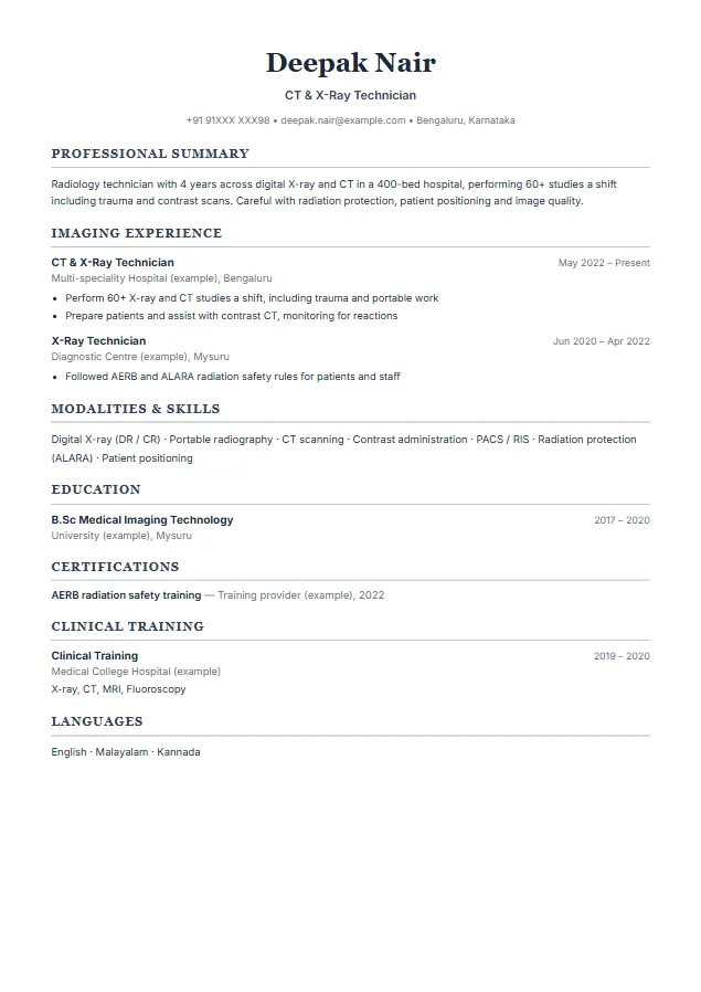Radiographer / Radiology Technician resume format template, Clinical Classic design
