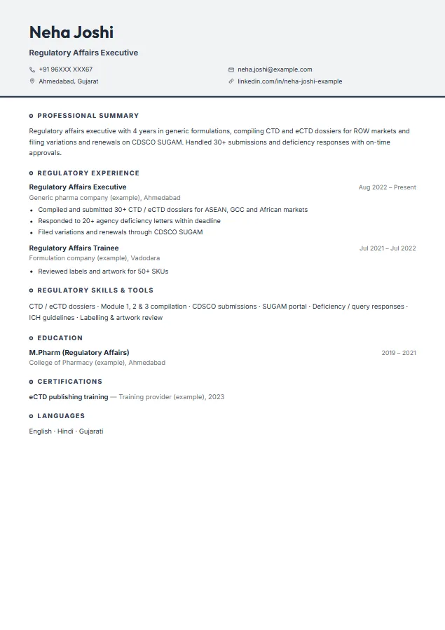 Regulatory Affairs (Pharma) resume format template, Two-Tone design