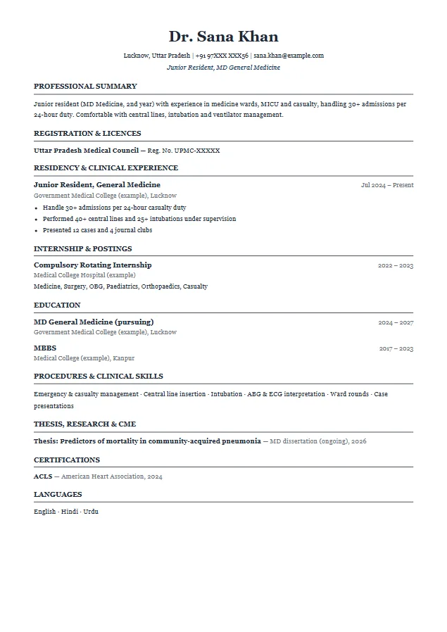 Resident Doctor (JR / SR / PG Resident) resume format template, Harvard design