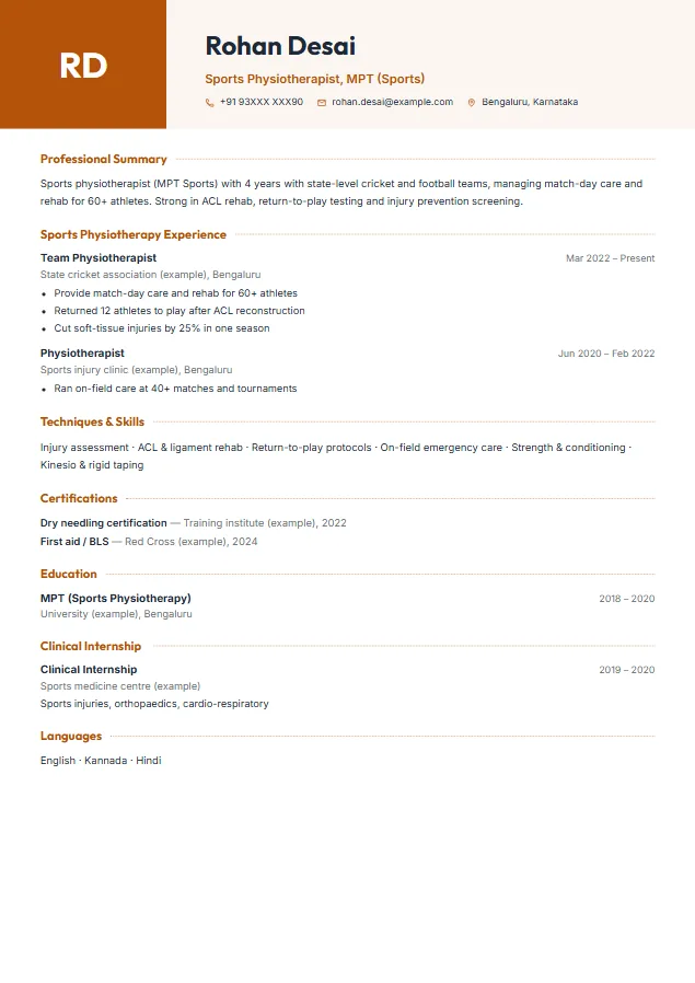 Sports Physiotherapist resume format template, Split Header design